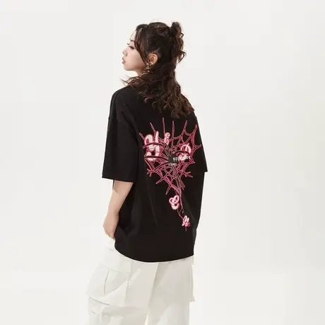 【好物体验专享】黑色复古印花短袖t恤女春夏街头潮牌情侣装宽松商品大图