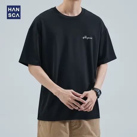 hansca 冰丝短袖t恤男宽松圆领夏季薄款潮牌大码休闲运动网眼体恤商品大图