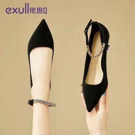 exull/依思Q2024秋新款一字扣带包头凉鞋黑色尖头细跟高跟单鞋女商品大图