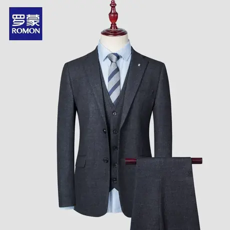罗蒙格子休闲男士西服套装中年爸爸西装男职业面试正装新郎婚礼服图片