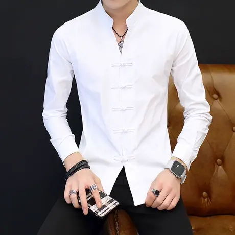 秋季亚麻长袖T恤男士修身唐装布纽扣圆领棉麻半袖青年仿古t恤潮流商品大图