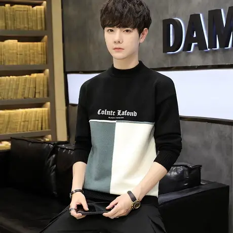 秋冬季潮流青少年半高领加绒加厚毛衣保暖男孩线衣初中学生针织衫商品大图