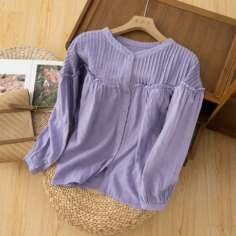 享永子琴褶全棉衬衫女长袖文艺复古法式宽松衬衣宽松2023秋季新款商品大图