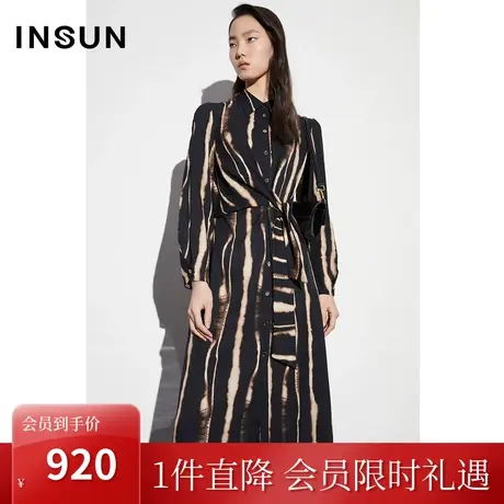 恩裳COVER2023春款新款时髦直身型连片式绑带条纹衬衫利落连衣裙图片