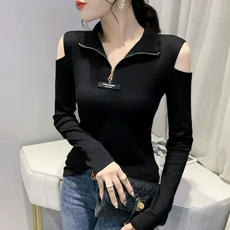 2023春秋新款时尚立领拉链T恤性感露肩上衣洋气百搭打底衫女长袖商品大图