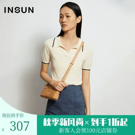 恩裳春秋季商场同款奶油米色撞色小香风优雅气质短袖针织衫图片