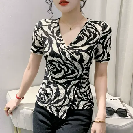 性感交叉V领T恤女欧货洋气网纱小衫漂亮印花修身上衣不规则短袖潮商品大图