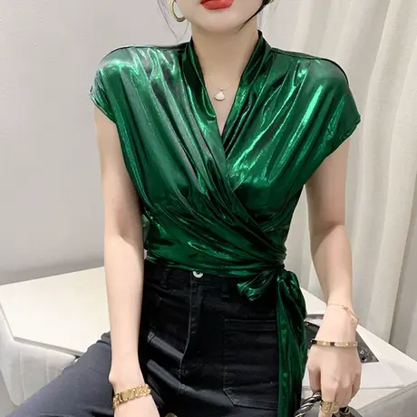 性感交叉V领系带上衣女短袖2023夏装新款设计感网红T恤洋气小衫潮商品大图