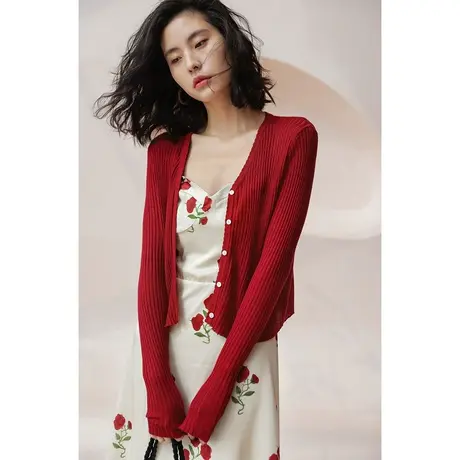弥古红色针织开衫小外套女春秋吊带裙外搭罩衫高级感长袖修身上衣图片