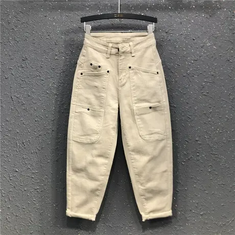 潮流休闲工装裤女裤子春秋新款欧货高腰宽松显瘦束脚哈伦裤牛仔裤图片