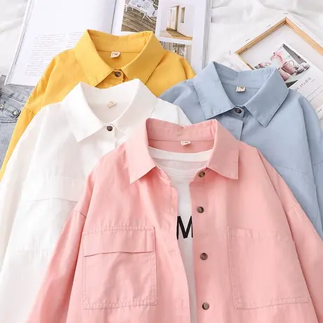 2021春秋新款糖果色全棉白色衬衫女长袖宽松休闲学生百搭打底上衣商品大图