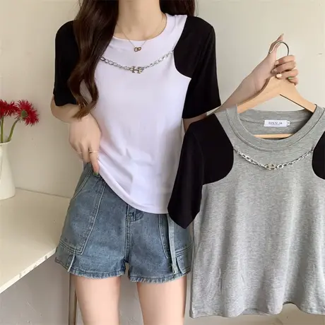 欧美设计感小众独特链条短袖t恤女夏2023新款体恤修身短款上衣潮图片