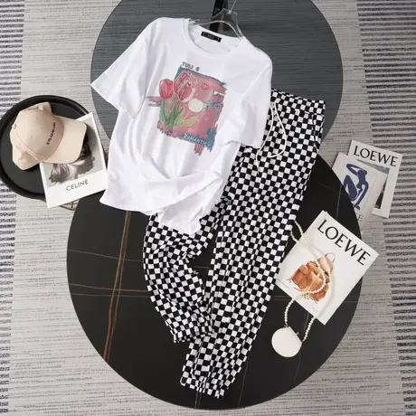 纯棉大码运动服套装女2023夏季薄款宽松短袖长裤小个子休闲两件套图片