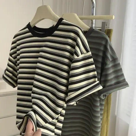 加厚磨毛短袖T恤女宽松显瘦百搭春季基础内搭套头撞色条纹打底衫商品大图