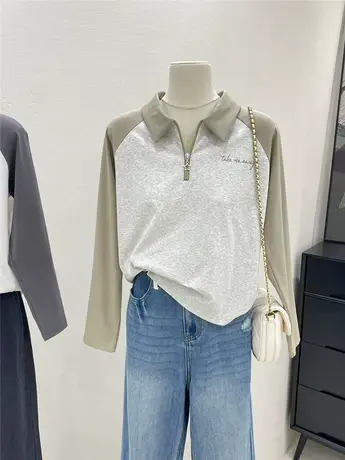 秋季新款2023韩版学院风宽松polo领插肩袖拼色短款长袖t恤女上衣图片