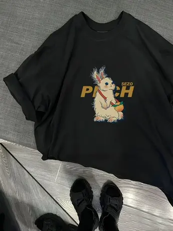 港味复古黑色短袖t恤女夏季新款宽松oversize仿棉半袖情侣体恤商品大图