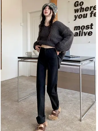 清仓捡漏简约高腰直筒牛仔裤女秋冬新款垂感显瘦显高牛仔裤潮图片