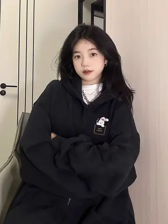 黑色开衫卫衣外套女2023新款美式复古高级感宽松慵懒风连帽上衣潮商品大图