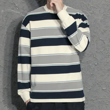 春季款潮牌复古条纹男士卫衣休闲简约港风薄款长袖海魂衫基础圆领商品大图