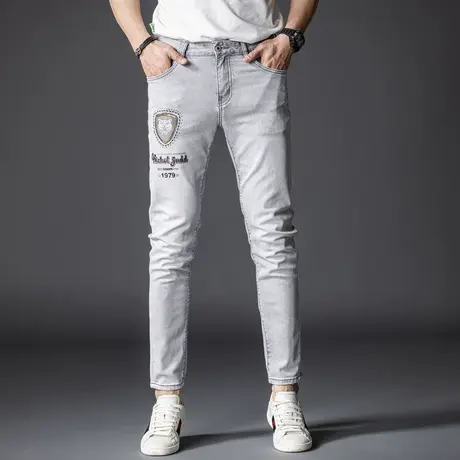 Modi Nick/摩帝尼克春夏浅灰牛仔裤绣花个性潮流修身休闲时尚裤子商品大图