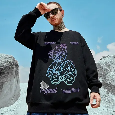 oversize小熊圆领卫衣男潮牌ins潮流大码男装秋冬季情侣加绒无帽商品大图