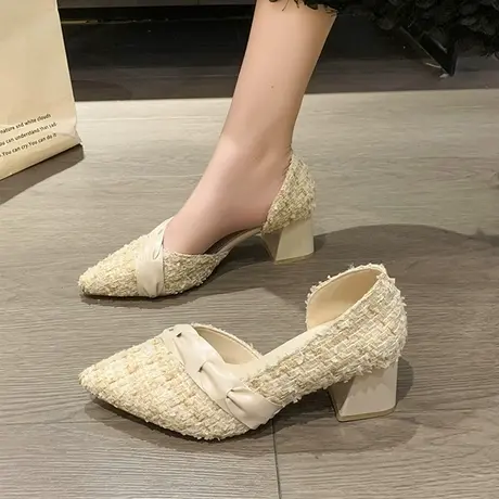 尖头单鞋女粗跟2023年夏季新款珍珠百搭浅口温柔仙女风侧空高跟鞋图片