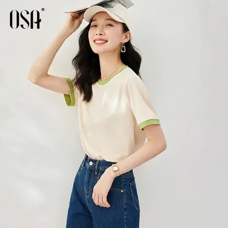 OSA欧莎撞色减龄短袖T恤女夏季2023年新款休闲宽松纯棉体恤上衣薄商品大图
