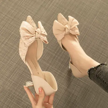 2021年新款蝴蝶结甜美淑女中空包头凉鞋女仙女法式韩版细跟高跟鞋商品大图