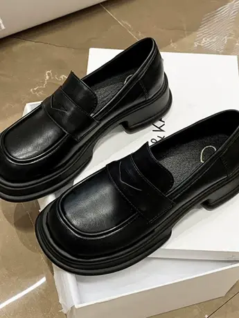 潮牌秋冬季英伦风小皮鞋女黑色厚底粗跟百搭休闲舒适浅口乐福单鞋商品大图