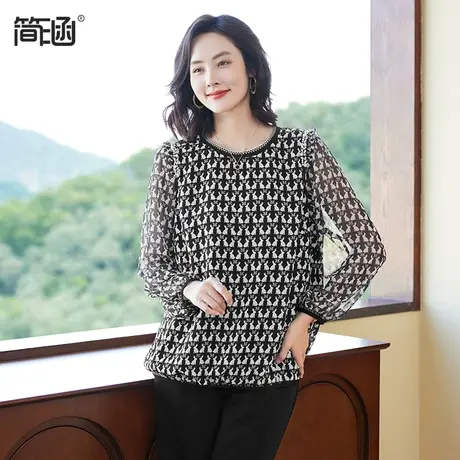 简涵大码女装2024春装新款宽松显瘦中年妈妈长袖上衣加肥加大小衫图片