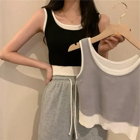 女内搭夏季打底衫外穿短款纯欲上衣假两件辣妹无袖紧身小吊带背心图片