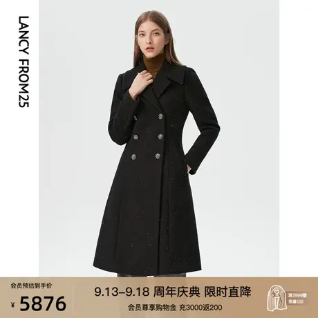 朗姿秋冬季新款黑色羊毛大衣女韩式双排扣中长款毛呢外套商场同款商品大图