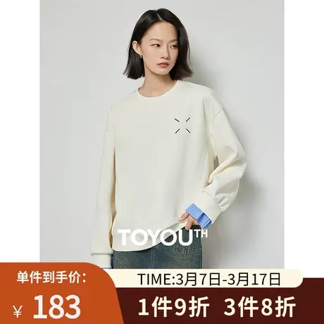 TOYOUTH初语假两件卫衣女2024年春季新款袖口拼接圆领宽松上衣商品大图