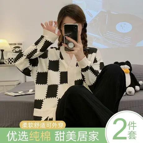 睡衣女春秋款纯棉长袖可外穿甜美可爱大码2023新款秋季家居服套装商品大图