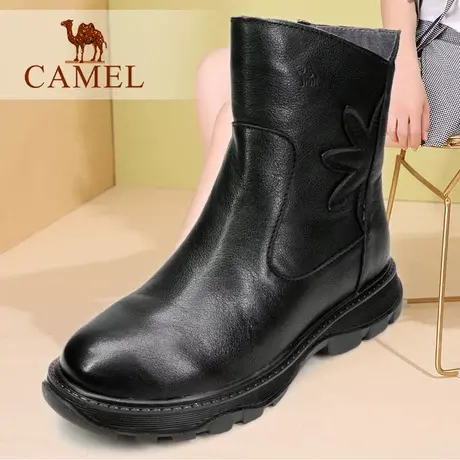 Camel/骆驼女鞋 冬季真头层牛皮加绒保暖休闲中筒靴 中跟妈妈靴子图片
