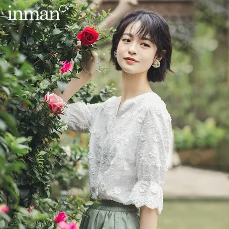 茵曼短袖衬衫女2023夏季新款荷叶边泡泡袖衬衣绣花中袖法式上衣图片