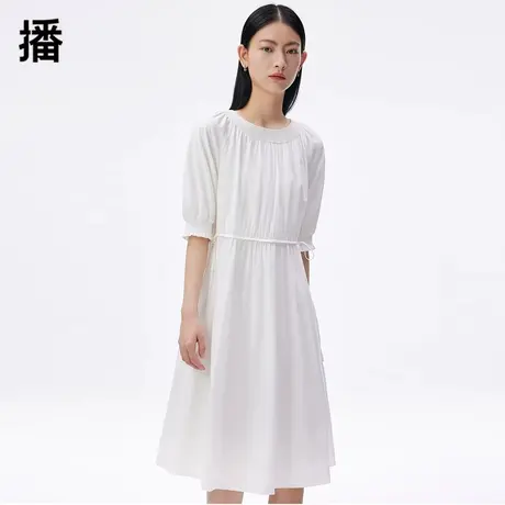 播2024春季新款腰带装饰下摆卷边短袖高腰中长连衣裙女DDQ3LD5005图片