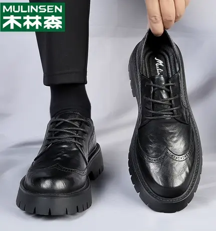 木林森男鞋皮鞋秋季休闲英伦伴郎黑色商务正装潮流增高低帮马丁靴商品大图