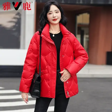 雅鹿红色羽绒服女短款2022冬季新款休闲宽松面包服小个子保暖外套商品大图