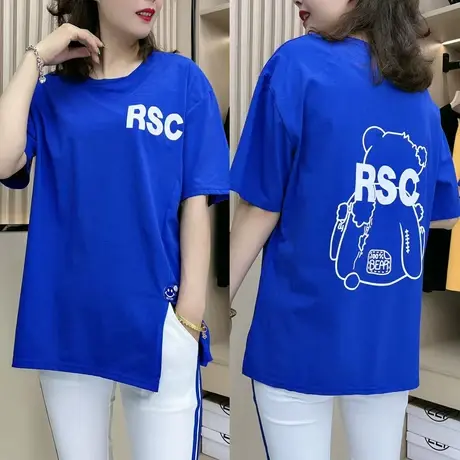 开叉小熊印花中长款T恤女2023年夏季体恤宽松韩版时尚上衣百搭潮商品大图