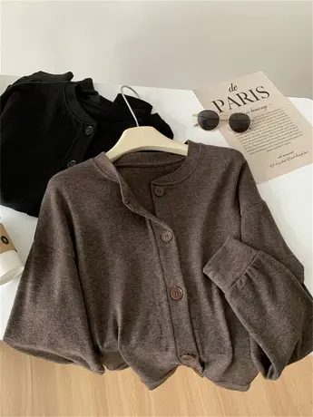 慵懒垂感圆领开衫女2023宽松韩版外套毛衣外套时髦百搭棕色上衣秋商品大图