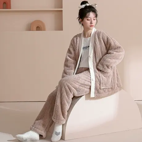猫人开衫法兰绒睡衣女长袖2023新款加绒加厚大码家居服套装可外穿商品大图