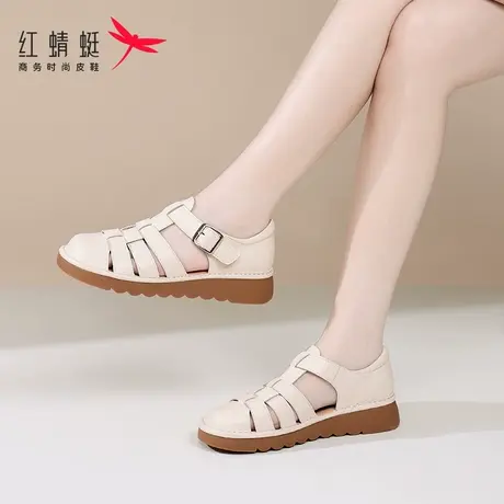 红蜻蜓夏季女士包头罗马凉鞋女2025新款真皮妈妈洞洞鞋镂空猪笼鞋图片
