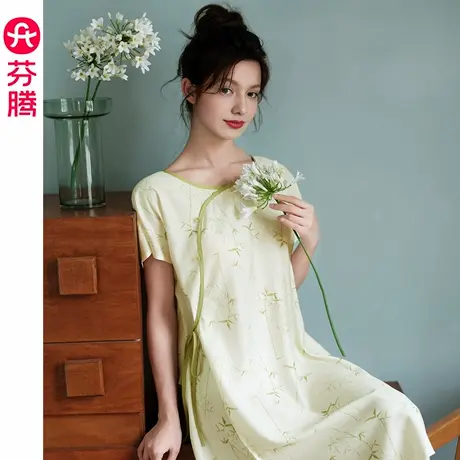 芬腾睡裙女夏季短袖薄款睡衣裙甜美花卉新中式夏天宽松家居服中裙图片