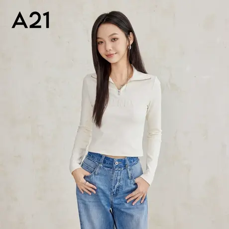 A21女装针织修身立领半开筒长袖T恤修身显瘦短款显高商品大图