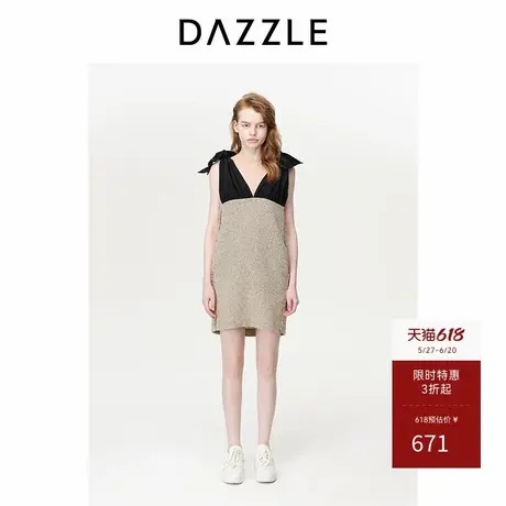 DAZZLE地素奥莱背心连衣裙春夏装蝴蝶结系带花呢拼接直筒裙女图片