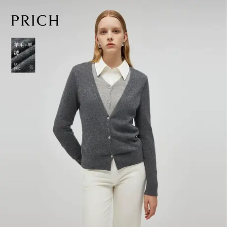 【羊毛+羊绒】PRICH时髦毛绒针织衫2024冬季新款假两件长袖开衫女商品大图