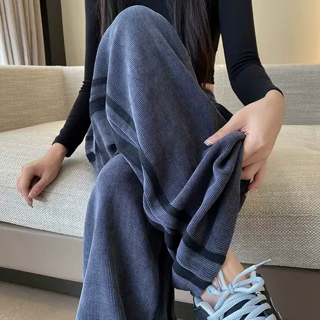 高腰休闲阔腿裤女灰色条纹休闲长裤秋冬雪尼尔灯芯绒松紧腰拖地裤图片