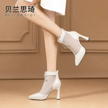 真皮镂空网纱短靴厚底粗跟凉靴女2024春夏季防水台高跟鞋凉鞋图片
