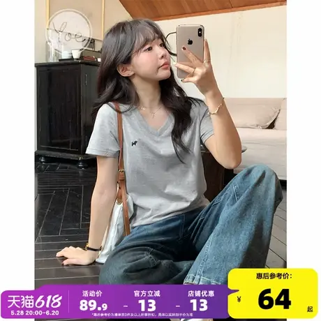 yoe短袖t恤女夏季新款V领显瘦灰色正肩打底纯棉内搭短款宽松上衣商品大图